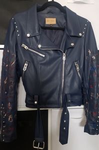 💐 Floral Embroidered Navy Pleather Moto Jacket